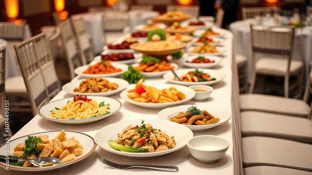 Beautifully arranged gourmet dishes on a long banquet table at a wedding reception, cuisine, stylish Beautifully arranged gourmet dishes on a long banquet table at a wedding reception, cuisine, stylish