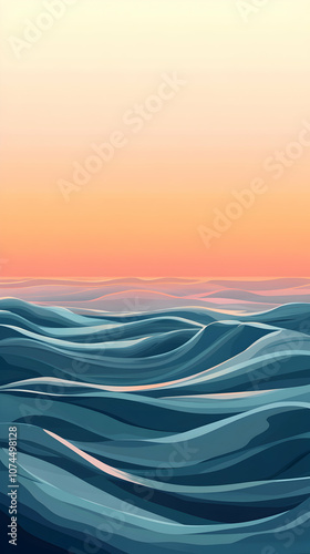 A serene seascape at sunset with soft, rolling waves and a pastel sky.