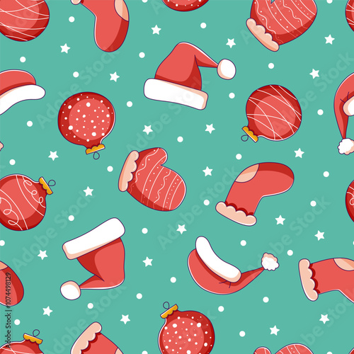 Christmas pattern with balls, mittens, stocking and Santa Claus hat on a blue background. Christmas concept for decoration, greetings