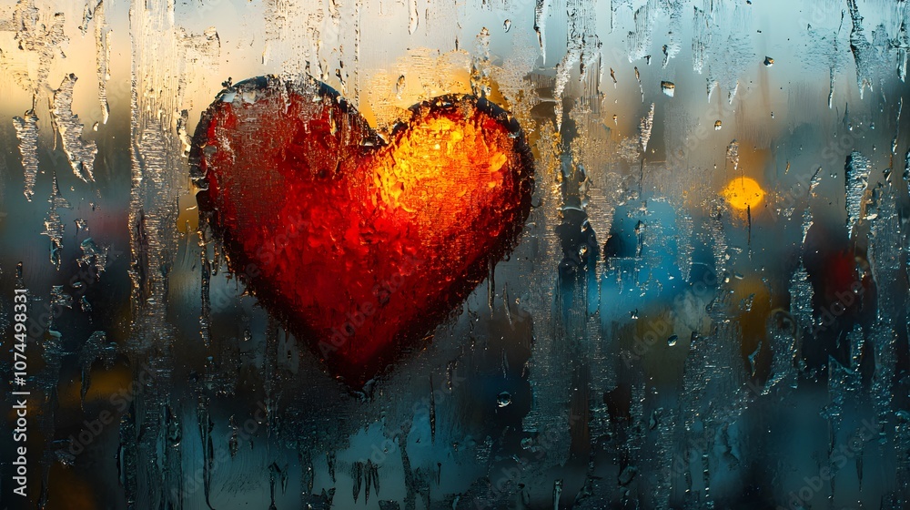 a frozen window with a red heart a frozen window with a red heart