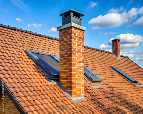 A classic brick chimney standing tall on a tiled roof under a bright blue sky, symbolizing home comfort, warmth, and traditional architecture