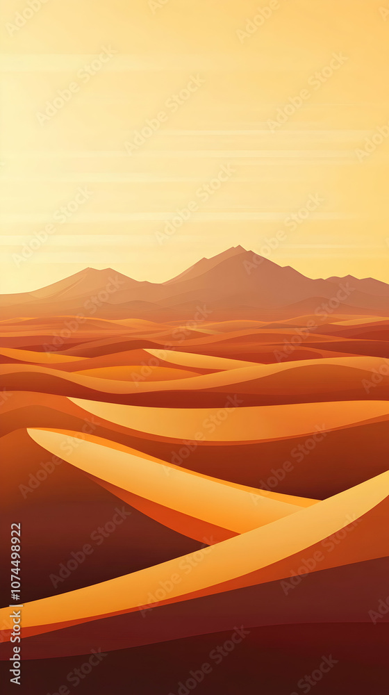 Naklejka premium Golden sunset over vast desert landscape with rolling dunes and distant mountains.