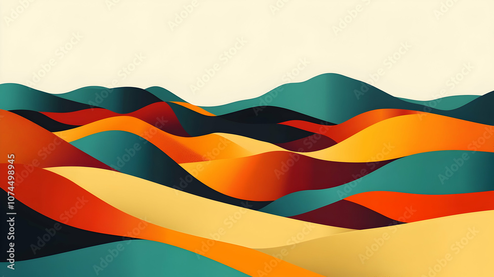 Fototapeta premium Abstract landscape with colorful, wavy hills against a white background.