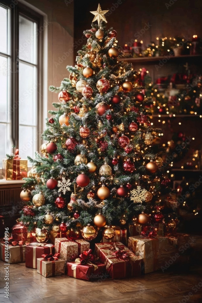 A smart, lush, decorated Christmas tree with a bunch of presents under it in the living room. Postcard, vertical A smart, lush, decorated Christmas tree with a bunch of presents under it in the living room. Postcard, vertical