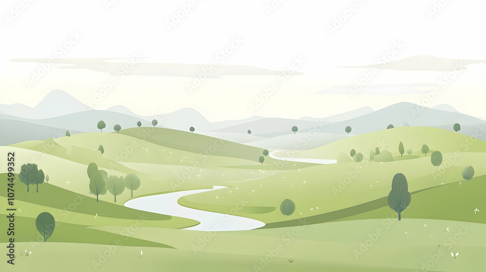 Naklejka premium Tranquil landscape with rolling hills, a winding river, and a misty sky.