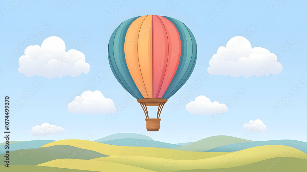 Fototapeta premium Colorful hot air balloon soaring above rolling green hills and white fluffy clouds on a bright blue sky.