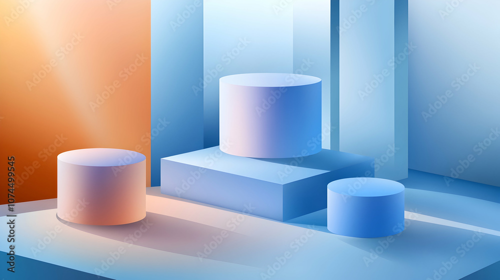 Three minimalist podiums in a 3D blue and orange room with light shining on them. Three minimalist podiums in a 3D blue and orange room with light shining on them.