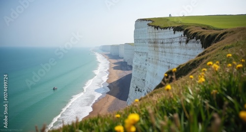 The White Cliffs of Dover, England, towering white chalk cliffs against a bright blue sea, capturing the iconic coastal beauty of England.