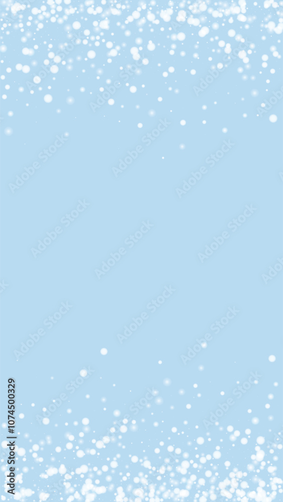 Fototapeta premium Falling snowflakes christmas background. Subtle flying snow flakes and stars on light blue winter backdrop. Beautifully falling snowflakes overlay. Vertical vector illustration.
