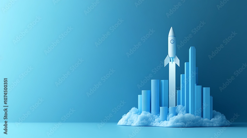 A blue bar graph with an upward trend rocket, Rocket business graph bar