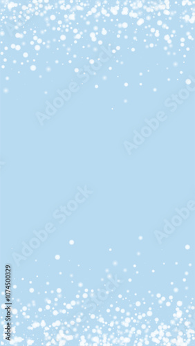 Falling snowflakes christmas background. Subtle flying snow flakes and stars on light blue winter backdrop. Beautifully falling snowflakes overlay. Vertical vector illustration.