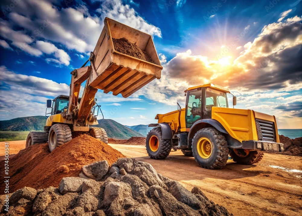 Obraz premium Heavy Wheel Loader Operating on Construction Site, Loading Soil into Dumper Truck Tipper with High Depth of Field, Showcasing Industrial Machinery in Action and Earthmoving Equipment