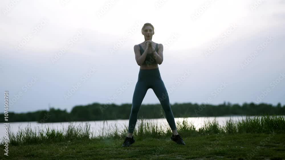 Woman exercising outdoors performing squats Woman exercising outdoors performing squats