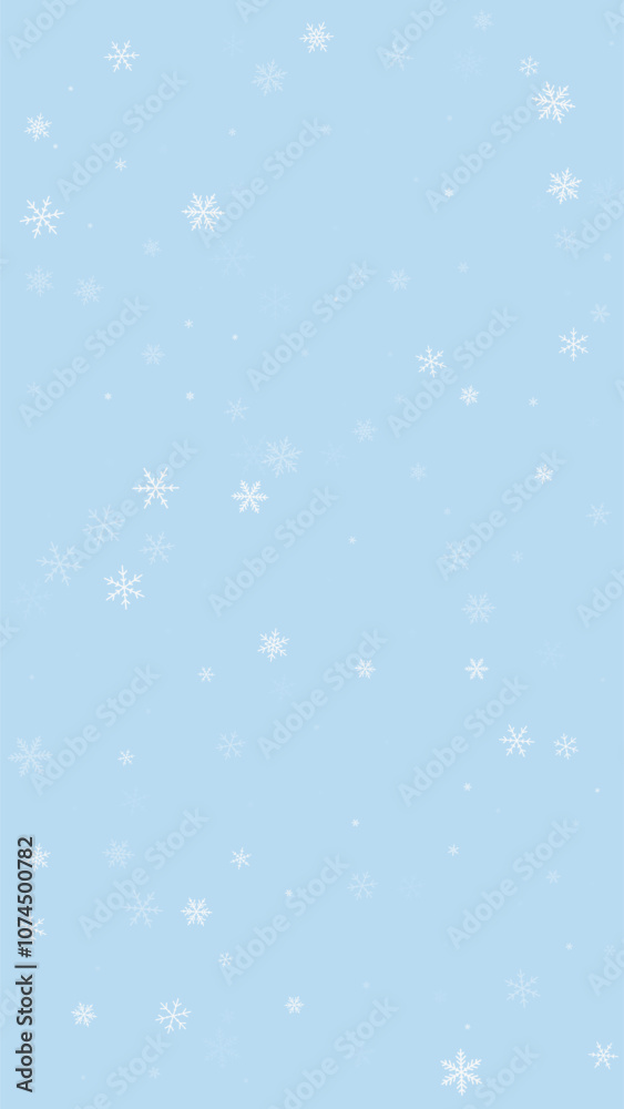Falling snowflakes christmas background. Subtle flying snow flakes and stars on light blue winter backdrop. Beautifully falling snowflakes overlay. Vertical vector illustration. Falling snowflakes christmas background. Subtle flying snow flakes and stars on light blue winter backdrop. Beautifully falling snowflakes overlay. Vertical vector illustration.