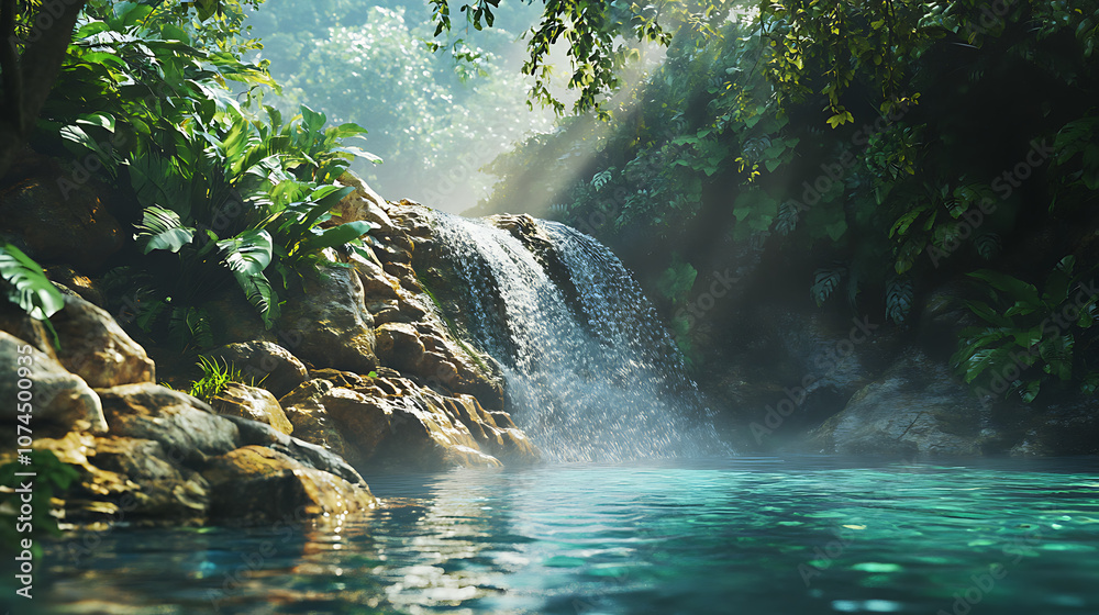 A serene scene of a secret waterfall tucked away in a dense jungle ...