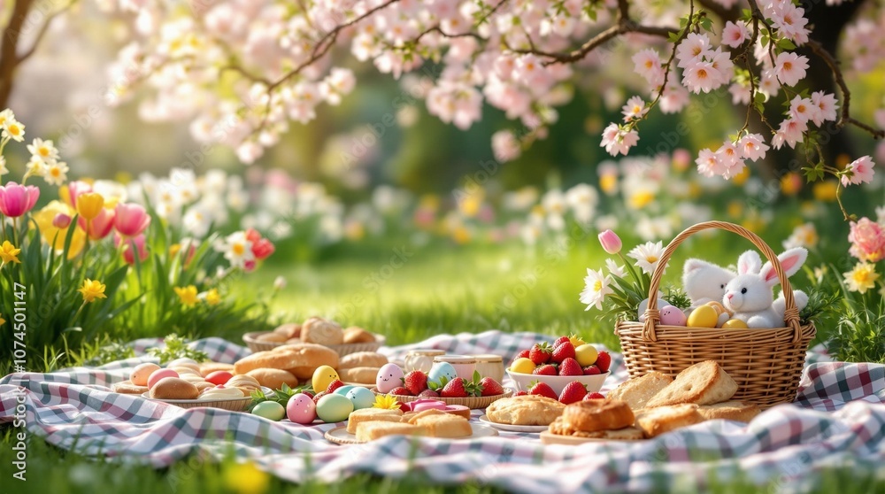 Easter picnic with colorful treats and bunny on a blanket surrounded by blooming flowers Easter picnic with colorful treats and bunny on a blanket surrounded by blooming flowers