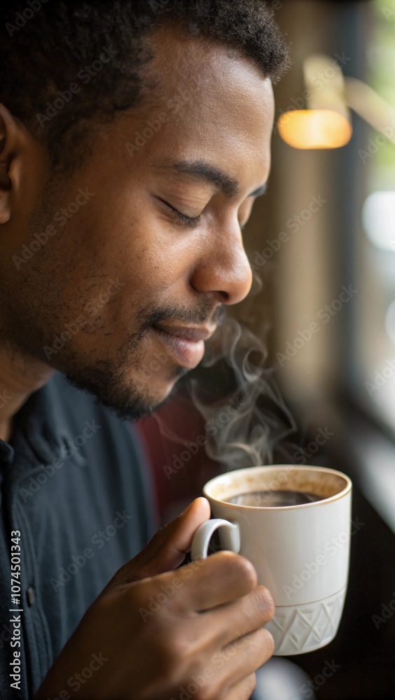 A man’s relaxed face, eyes closed, savoring the aroma of his coffee as he holds the mug close to his nose A man’s relaxed face, eyes closed, savoring the aroma of his coffee as he holds the mug close to his nose