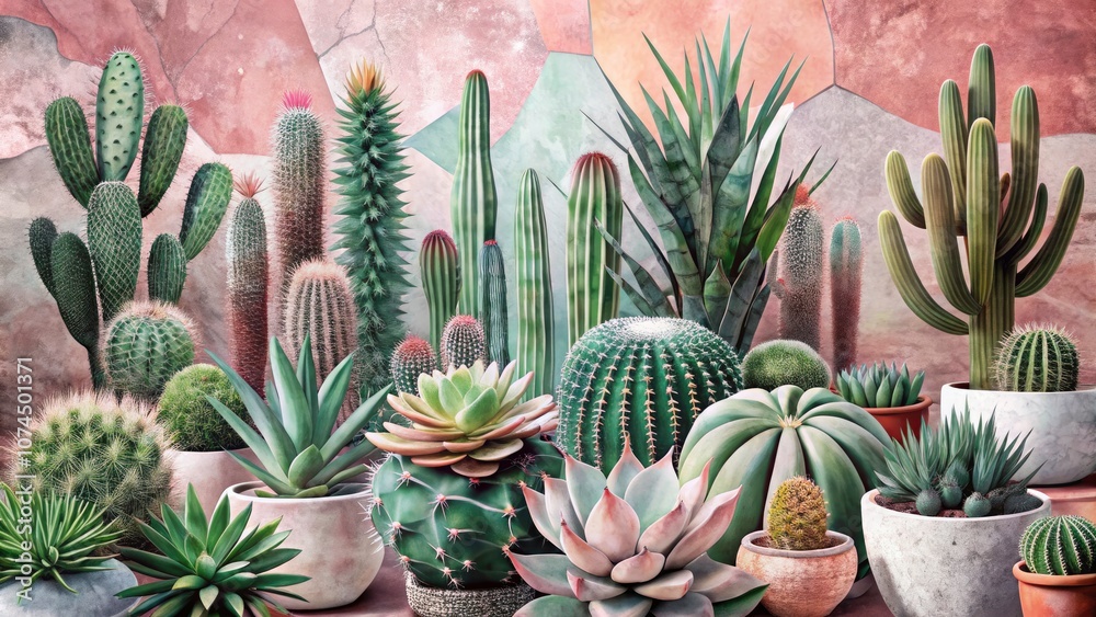 Obraz premium Abstract Collage of Cacti and Succulents on Textured Pink and White Background for Botanical Art Lovers