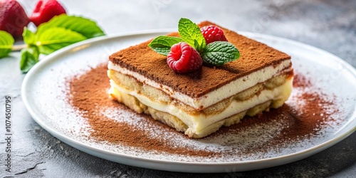 Indulge in a Decadent Tiramisu Dessert with Raspberries and Mint Garnish, Perfect for Menus and Food Promotions Featuring a Dusting of Cocoa Powder and Copy Space