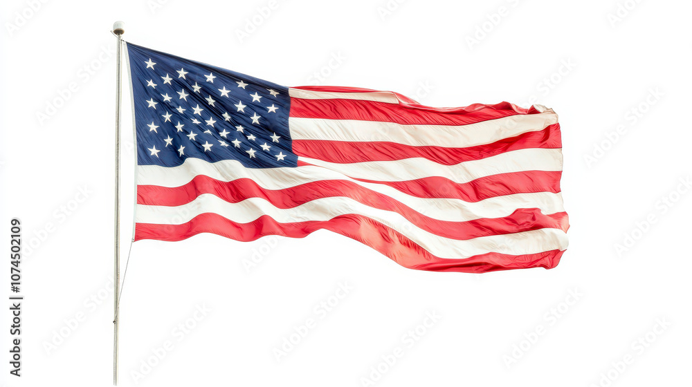 Fototapeta premium American flag waving proudly against a plain white background