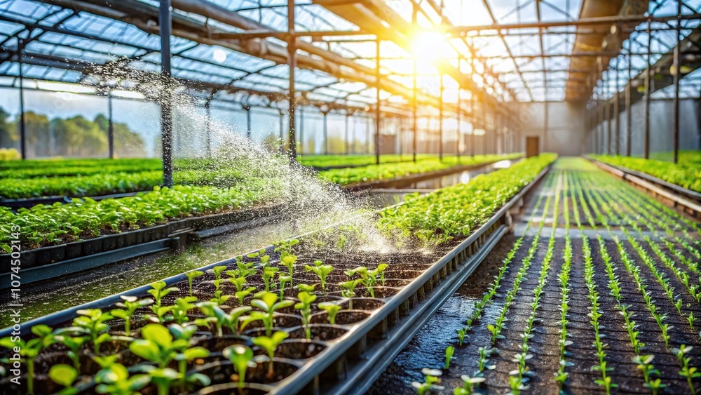 Industrial Greenhouse Watering Seedlings in Slow Motion with High Depth of Field, Capturing the Essence of Growth and Nurturing Plants in a Controlled Environment Industrial Greenhouse Watering Seedlings in Slow Motion with High Depth of Field, Capturing the Essence of Growth and Nurturing Plants in a Controlled Environment