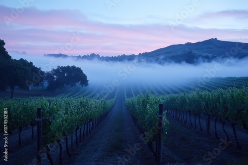 Fog Over Vineyard at Dawn: A vineyard in the early hours