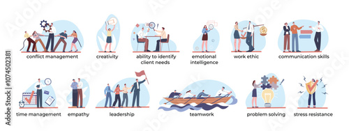 Soft skills characters. Individual abilities for corporate working, creativity empathy leadership teamwork emotional intelligence employees, kicky vector set