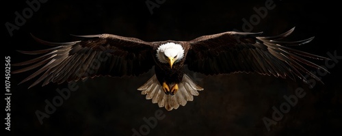 Majestic eagle in flight with wings spread wide, showcasing its powerful presence against a dark background. photo