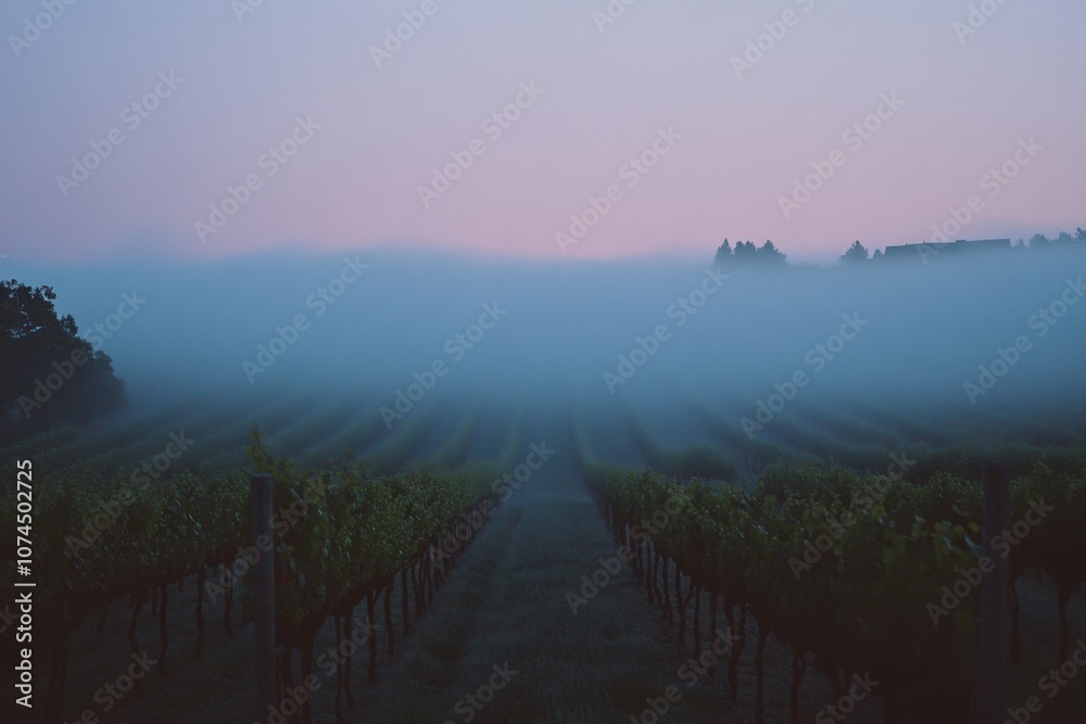 Fog Over Vineyard at Dawn: A vineyard in the early hours Fog Over Vineyard at Dawn: A vineyard in the early hours