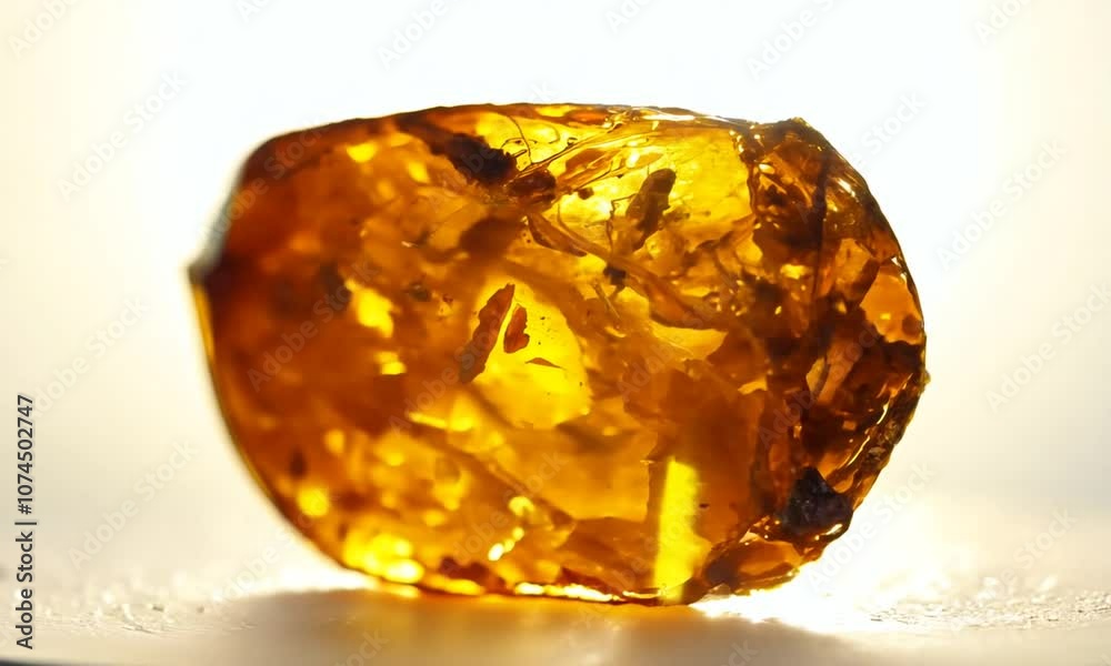 Amber in sun with inclusions on a white empty background