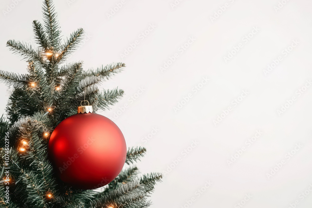 Festive red ornament on a Christmas tree with glowing lights Festive red ornament on a Christmas tree with glowing lights