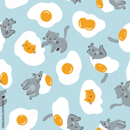 Cute cat and fried eggs seamless pattern. Vector animal illustration. Baby repeat texture for cat lovers on blue background. Kawaii cats фand fried eggs.