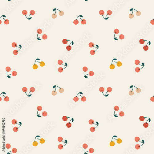 Vector simple cherry seamless pattern in light delicate colors. Fruit repeat texture for lingerie. Cherry fabric design.