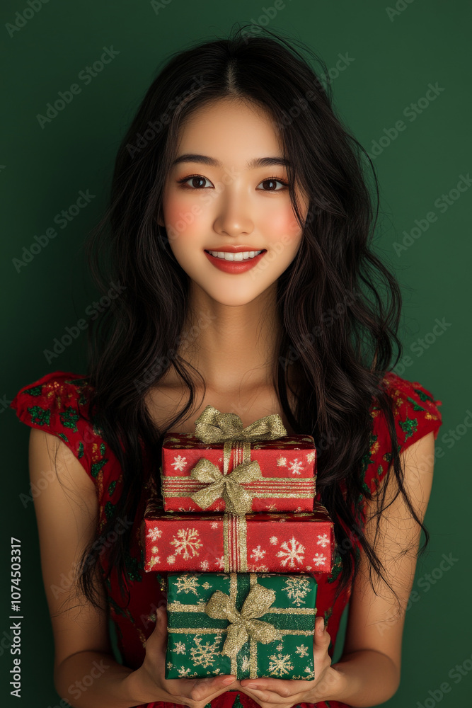 Festive Portrait of East Asian Young Female Christmas Dress Red And Green holiday dress And Holding Christmas Gift Festive Portrait of East Asian Young Female Christmas Dress Red And Green holiday dress And Holding Christmas Gift