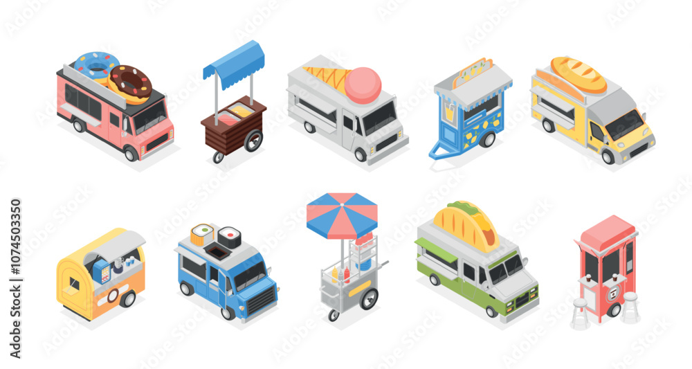 Isometric food truck and stall. Trucks counters and fast food seller points. Seasonal fairs and markets elements, street burger coffee flawless vector elements Isometric food truck and stall. Trucks counters and fast food seller points. Seasonal fairs and markets elements, street burger coffee flawless vector elements