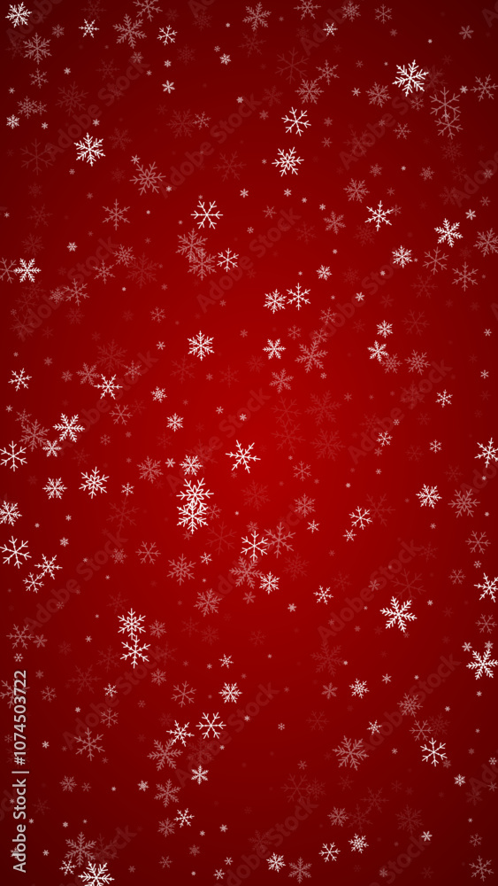 Snowfall overlay christmas background. Subtle flying snow flakes and stars on christmas red background. Festive snowfall overlay. Vertical vector illustration. Snowfall overlay christmas background. Subtle flying snow flakes and stars on christmas red background. Festive snowfall overlay. Vertical vector illustration.