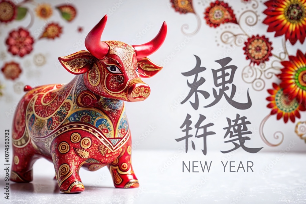Fototapeta premium Joyful Celebration of Chinese New Year with Abstract Red Ox Cow Patterns and Paisley Design on White Background for Year of the Ox Festivities