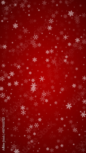 Snowfall overlay christmas background. Subtle flying snow flakes and stars on christmas red background. Festive snowfall overlay. Vertical vector illustration.