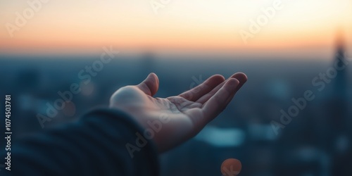 Outstretched hand reaching towards the horizon at sunset, showcasing openness and serenity.