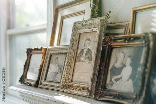 Vintage framed portraits on windowsill in sunlight