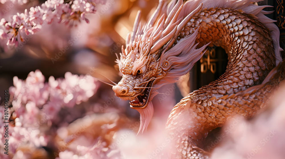 Obraz premium Golden Dragon Statue with Cherry Blossoms 3D Illustration