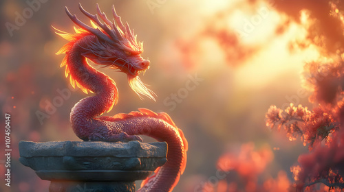 Red Dragon Illustration on Stone Pillar in Sunlit Forest photo