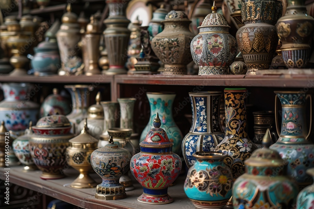 Colorful antique vases on shelves with intricate designs Colorful antique vases on shelves with intricate designs