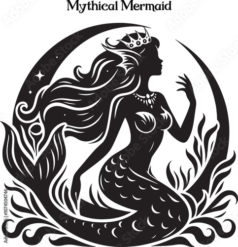 Mermaid vector illustration design template. A graceful mermaid with flowing hair and shimmering tail, symbolizing mystery and allure.