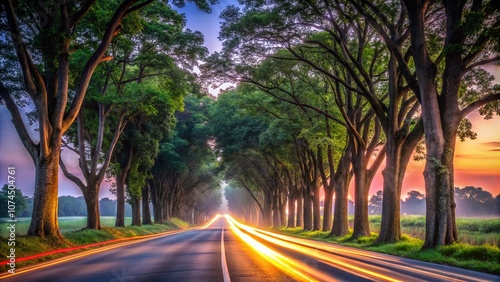 Long Exposure of a Scenic Teak Tree Lined Road at Dusk, Capturing the Motion and Serenity of Nature, Perfect for Travel and Landscape Photography Enthusiasts