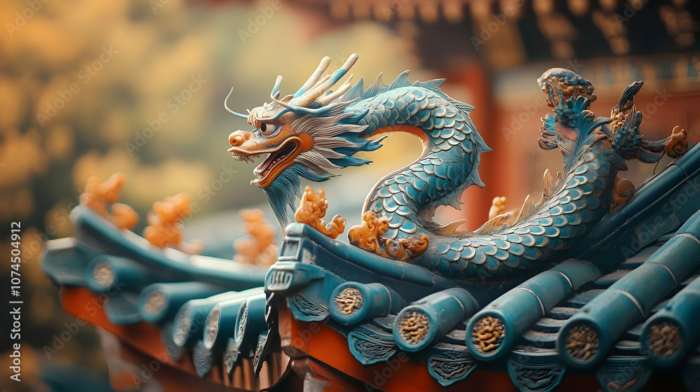 Obraz premium Teal Dragon Roof Decoration Illustration