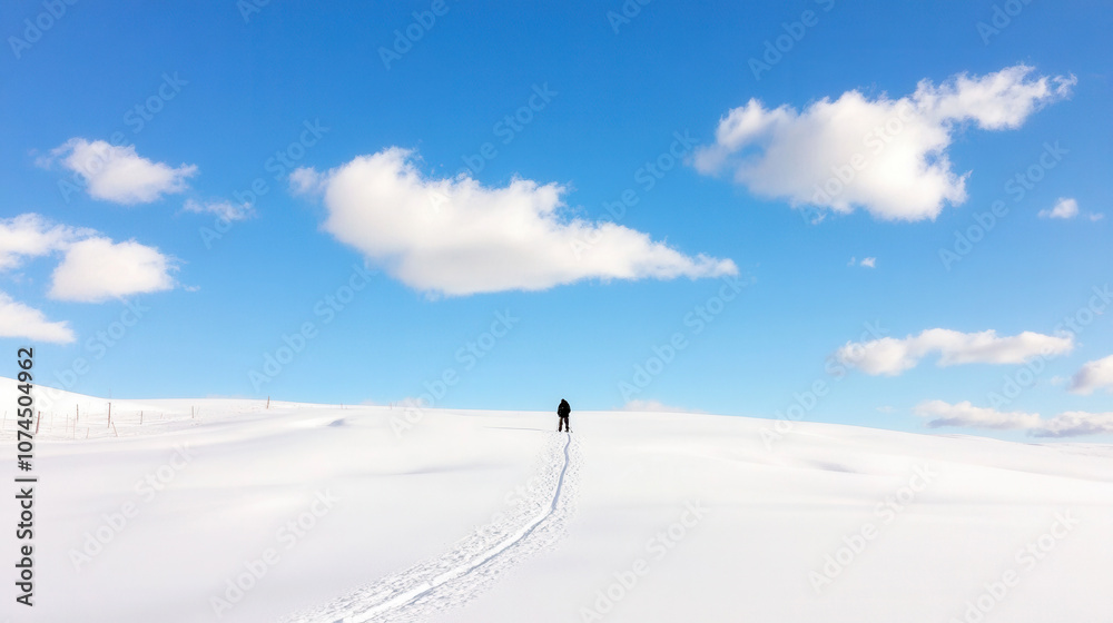 Silhouette of a person walking on snowy field under blue sky