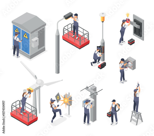 Isometric electricity workers. Male female electrical in uniform. Professionals working with rower lines, technician service flawless vector characters