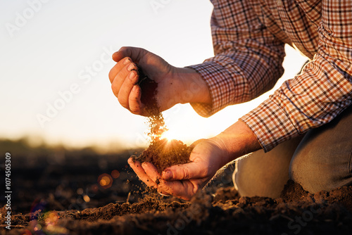 A male farmer's hands hold the soil, checking its quality and health.