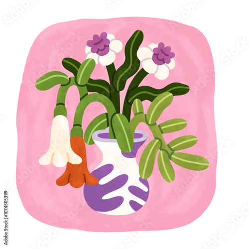 Floral bouquet in vase. Blooming flowers, leaf plant branches, card. Botanical composition with summer blossoms bunch, interior wall art, poster. Flat vector illustration isolated on white background